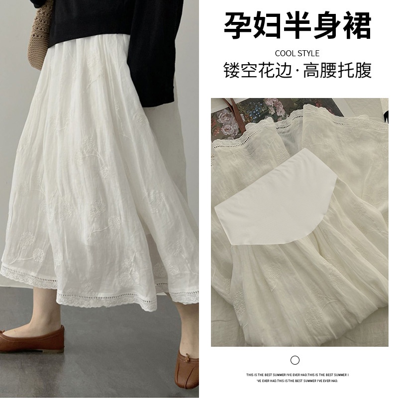孕妇半身裙时尚春夏新款时尚文艺气质镂空花边棉麻刺绣显瘦A字裙